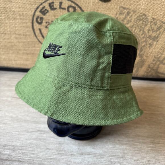 Nike Sportswear Mens Bucket Hat Green Canvas Swoosh Logo L/XL Mesh Accent - Picture 1 of 6
